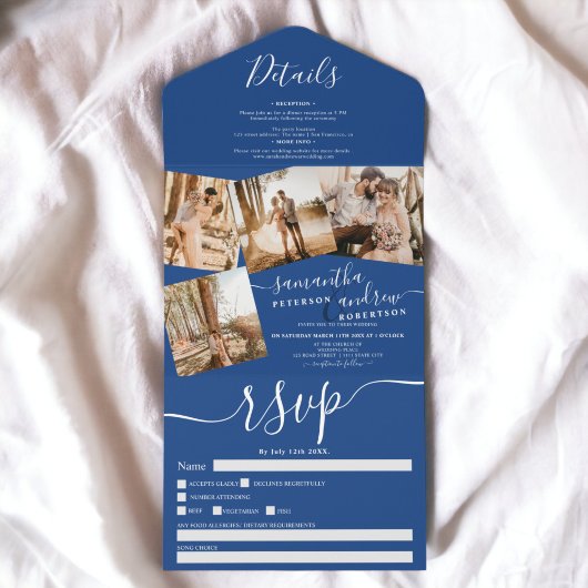 4 Foto's blauw wit modern script bruiloft All In One Uitnodiging
