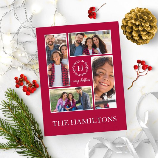 4 Foto's Collage Monogram Merry Kerstmis Feestdage Briefkaart