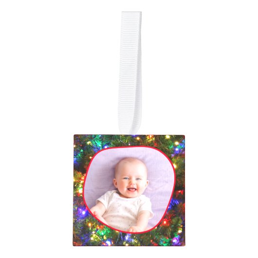 4 foto's familienaam Est. Bokeh kerstverlichting Kubus Ornament (Voorkant)