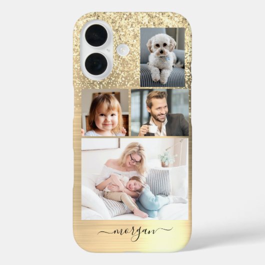4 Foto's, Faux Brushed Gold Metal, Glitter, Naam Case-Mate iPhone Case (Achterkant)