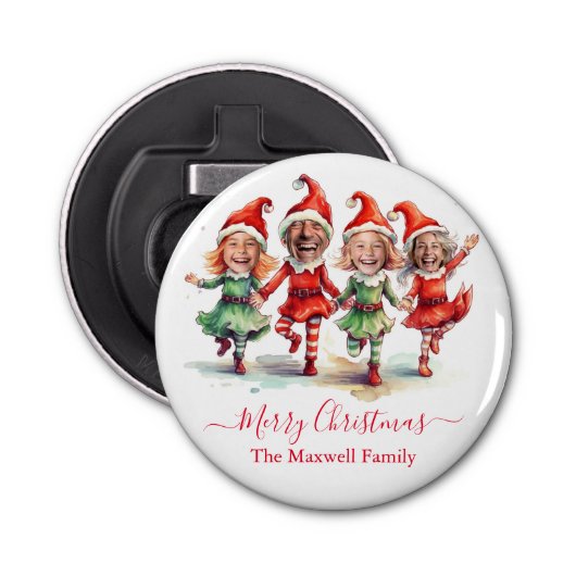4 foto's kerst elven button flesopener (Voorkant)