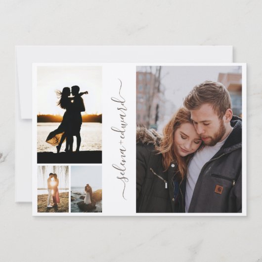 4 Foto's Net Metallic Silver Script Weddenschap Kaart (Voorkant)