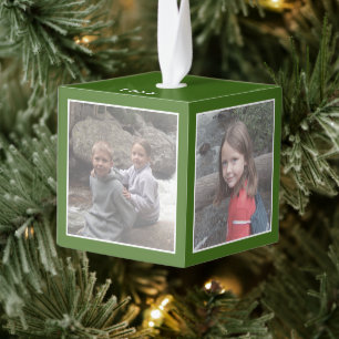 4 Foto's plus jaar - minimale groene grens Kubus Ornament
