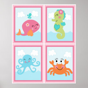 4-in-1 onder Zee/roze walvis 8x10 zurenartikelen Poster