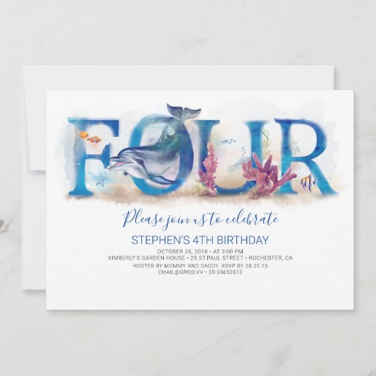 4 Invitation d'anniversaire Océan Bleu Monde sous- (Devant)