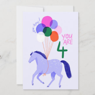 4 Jaar Oud Verjaardag Kaart met Paard & Ballonnen