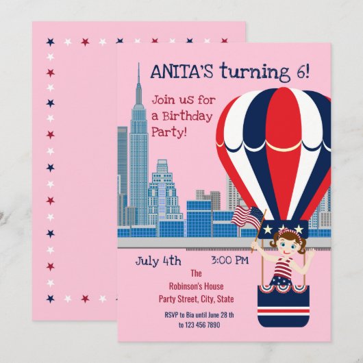 4 juillet Anniversaire Fille Fête Invitation (Devant / Derrière)