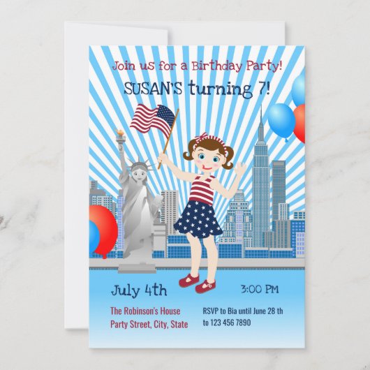 4 juillet Anniversaire Fille Fête Invitation (Devant)