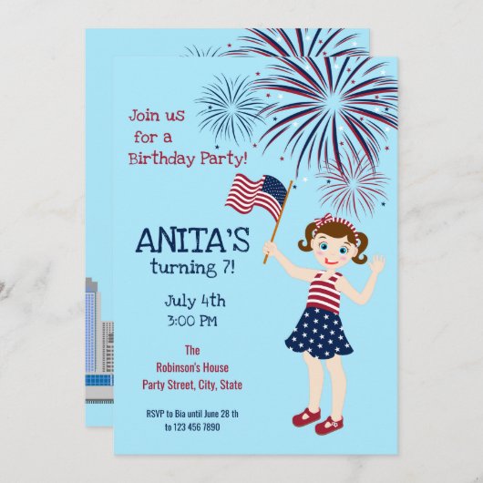 4 juillet Anniversaire Fille Fête Invitation (Devant / Derrière)