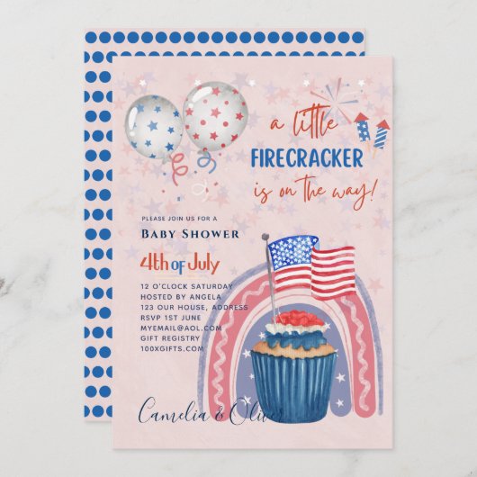 4 juillet BABY SHOWER INVITATION Firecracker Cupca (Devant / Derrière)