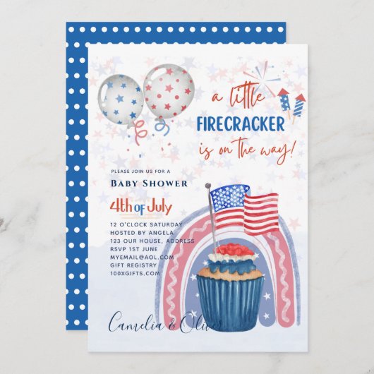 4 juillet BABY SHOWER INVITATION Firecracker Cupca (Devant / Derrière)