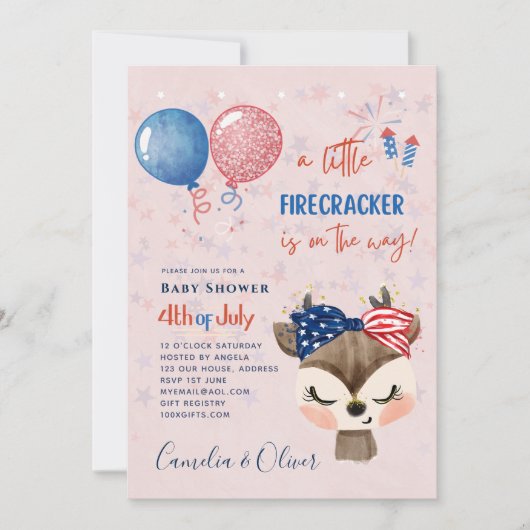 4 juillet BABY SHOWER INVITATION Firecracker Deer (Devant)