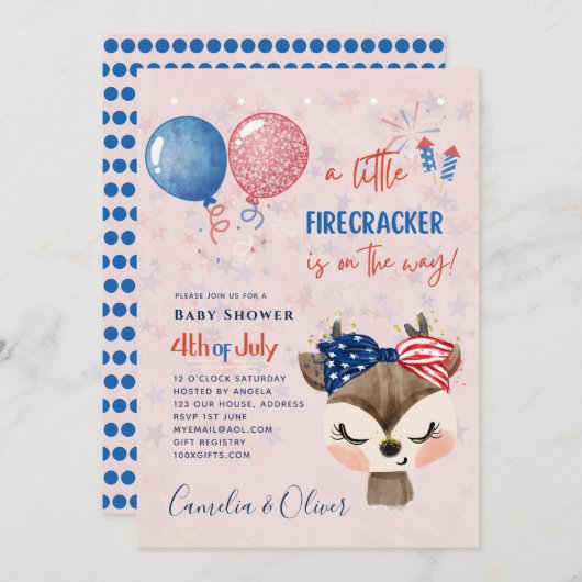 4 juillet BABY SHOWER INVITATION Firecracker Deer (Devant / Derrière)