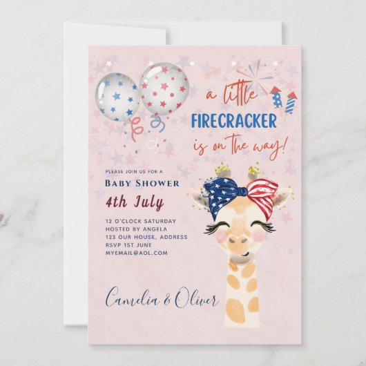 4 juillet BABY SHOWER INVITATION Firecracker Giraf (Devant)