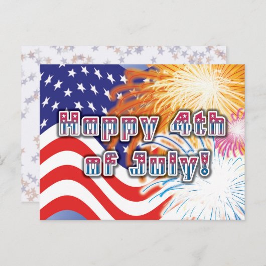 4 juillet carte postale avec drapeau et feux d'art (Devant / Derrière)