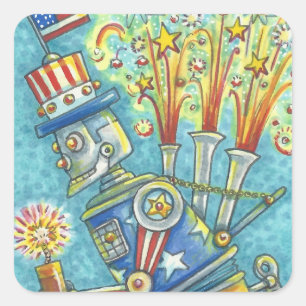 4 juillet FEU ROBOT STICKERS Squ. * Feuille