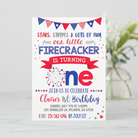 4 juli 1 Verjaardag Uitnodiging Rood Wit Blauw (Staand voorkant)