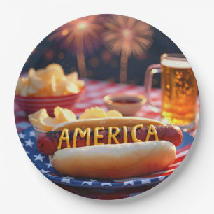 4 juli Amerikaanse hotdog en bier Papieren Bordje
