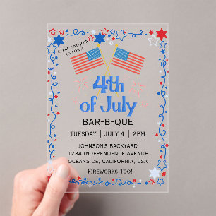 4 juli Amerikaanse vlag BBQ vuurwerk Acryl Uitnodigingen