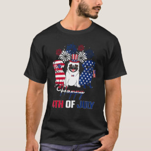 4 juli Amerikaanse vlag Drie Rood Witte Pug Blauwe T-shirt