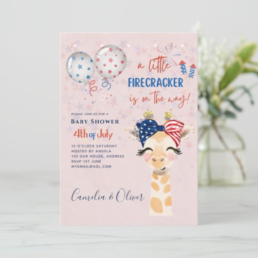 4 juli BABY SHOWER UITNODIGING Vuurwerk Giraffe (Staand voorkant)