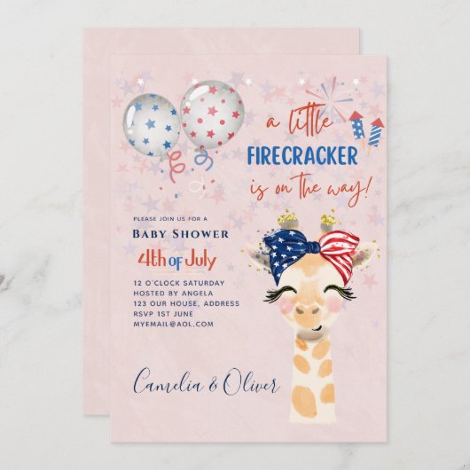 4 juli BABY SHOWER UITNODIGING Vuurwerk Giraffe (Voorkant / Achterkant)