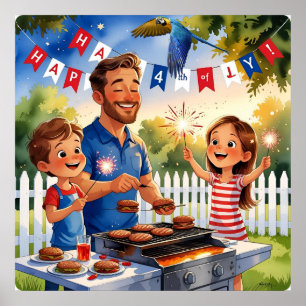 4 juli BBQ" Cartoon Familie & Sparklers Poster