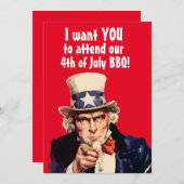 4 JULI BBQ PARTY UNCLE SAM PARTY UITNODIGINGEN (Voorkant / Achterkant)