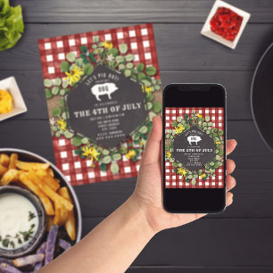 4 juli BBQ Varken Wildflower Red Gingham Party Kaart