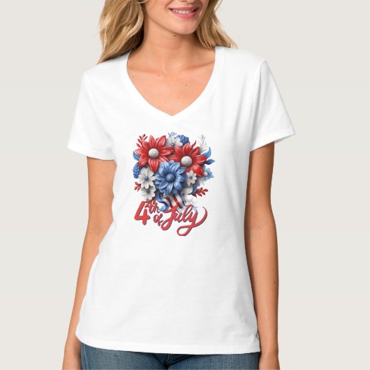4 juli Bloemen in Rood Wit & Blauw Patriottisch T-shirt (Voorkant)