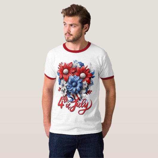 4 juli Bloemen in Rood Wit & Blauw Patriottisch T-shirt (Voorkant volledig)