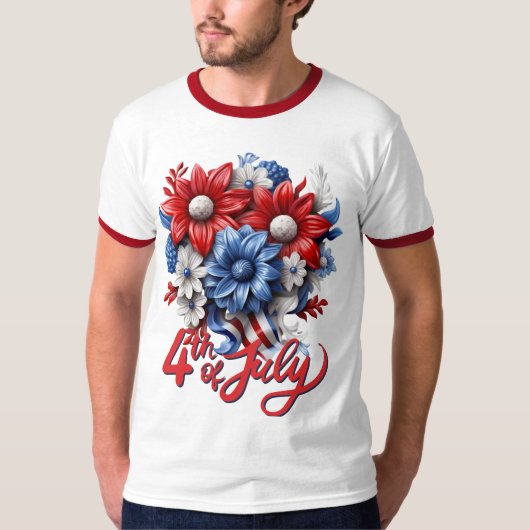 4 juli Bloemen in Rood Wit & Blauw Patriottisch T-shirt (Voorkant)