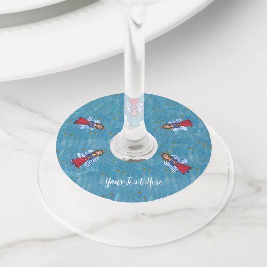 4 juli Engelen houden vlaggen rood wit blauw sterr Wijnglaslabel (Dichtbij)