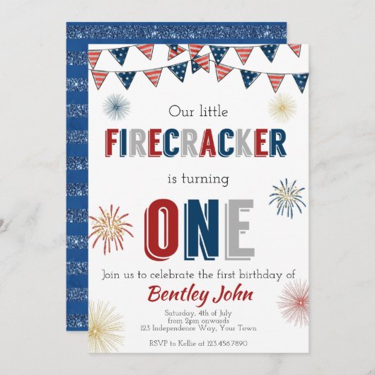 4 juli Firecracker 1e verjaardag uitnodiging (Voorkant / Achterkant)