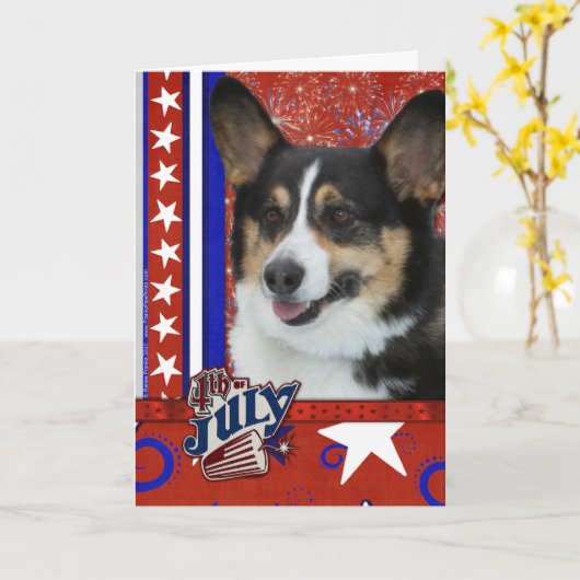 4 juli Firecracker - Corgi Kaart (Gele Bloem)