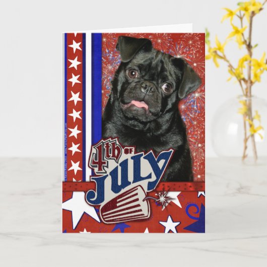 4 juli Firecracker - Pug Kaart (Gele Bloem)