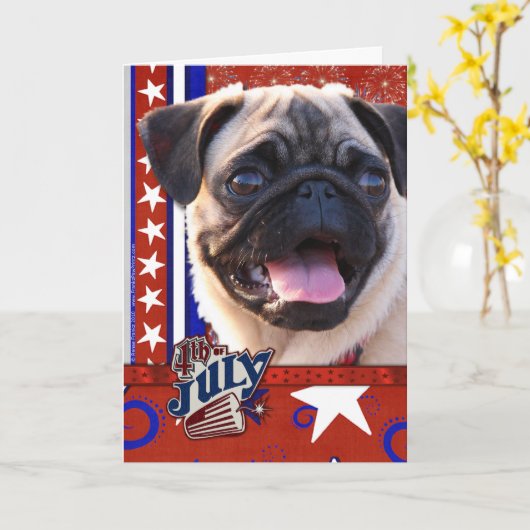 4 juli Firecracker - Pug Kaart (Gele Bloem)