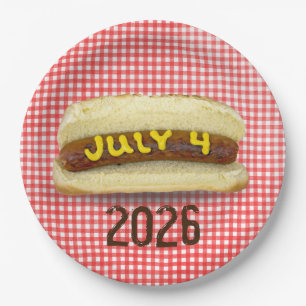4 juli Hete Dog op Gingham Napkins Papieren Bordje