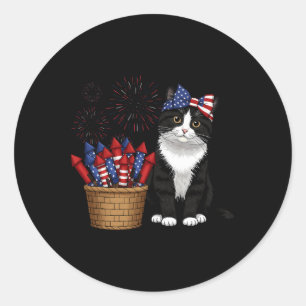 4 Juli Kat en vuurwerk Ontwerp voor Mannen Vrouwen Ronde Sticker