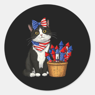4 Juli Kat en vuurwerk Ontwerp voor Mannen Vrouwen Ronde Sticker