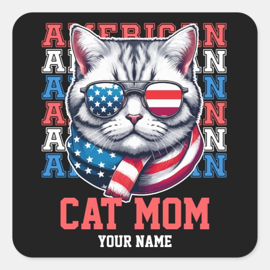 4 juli Kat in Bril Kat Mam Gepersonaliseerd Vierkante Sticker (Voorkant)