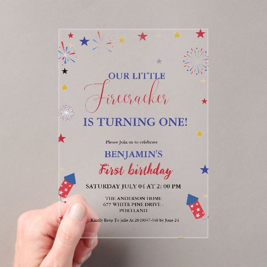 4 juli Kleine Firecracker 1e Verjaardag Acryl Uitnodigingen (Insitu (Draagbaar))