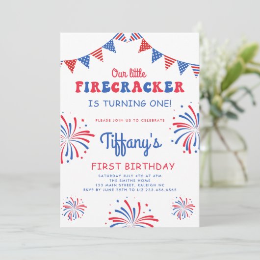 4 juli Kleine Firecracker Eerste Verjaardag Kaart (Staand voorkant)