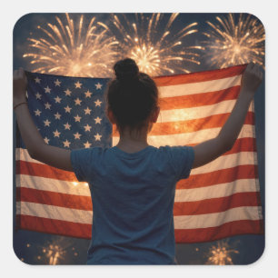 4 juli-meisje met vlag en vuurwerk vierkante sticker