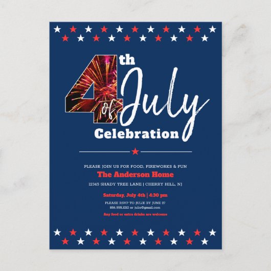 4 juli Mooi Moderne Vuurwerk USA Patriottisch Uitnodiging Briefkaart (Voorkant)