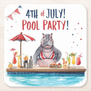 4 juli nijlpaard bikini in zwembadfeest vierkante kartonnen onderzetter