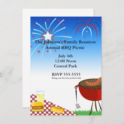4 juli Onafhankelijkheid Picknick BBQ Uitnodiging (Voorkant / Achterkant)