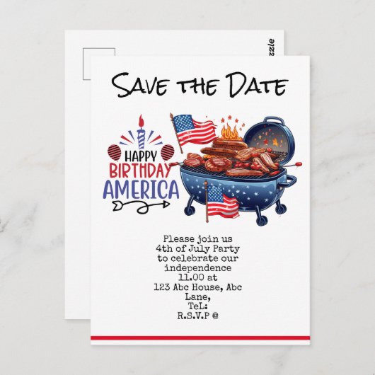 4 juli Opslaan van de partij Date Independence Day Briefkaart (Voorkant / Achterkant)
