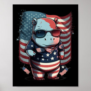4 juli Patriottische Hippo Amerikaanse vlag Poster
