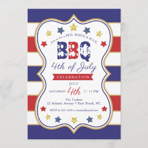 4 juli Red Blue Gold Stars Stripes BBQ Party Kaart